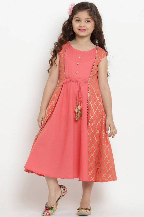 Girl's Peach Solid Flared Cotton Flared Dress