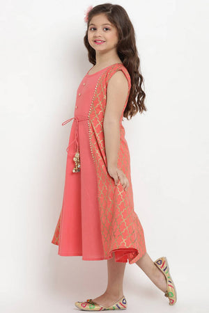 Girl's Peach Solid Flared Cotton Flared Dress