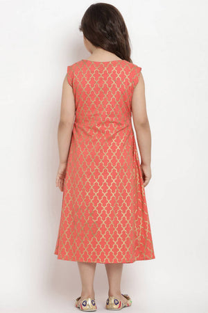 Girl's Peach Solid Flared Cotton Flared Dress