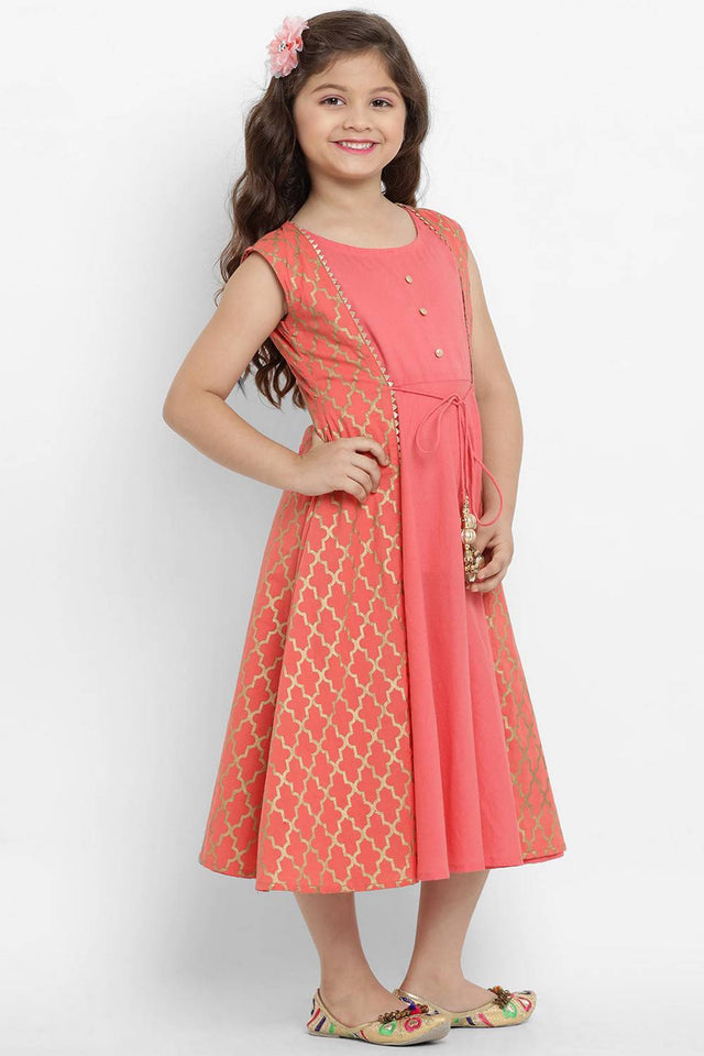 Girl's Peach Solid Flared Cotton Flared Dress