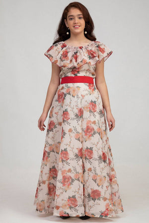 Girl's White Floral Printed Silk Dress