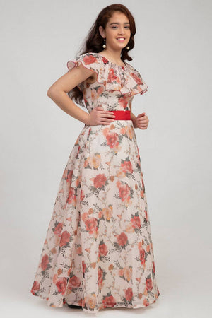 Girl's White Floral Printed Silk Dress