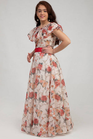 Girl's White Floral Printed Silk Dress