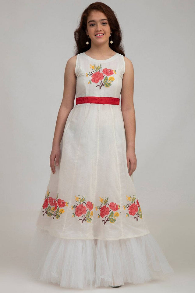 Girl's White Embroidered Silk Dress