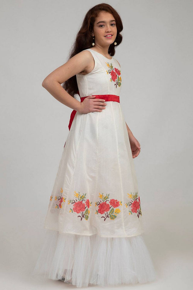 Girl's White Embroidered Silk Dress