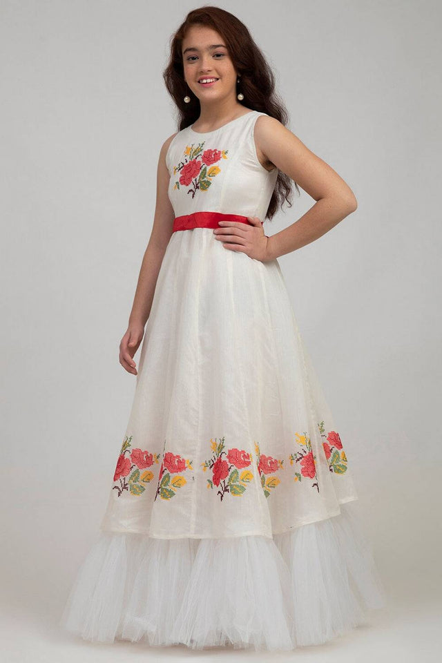 Girl's White Embroidered Silk Dress