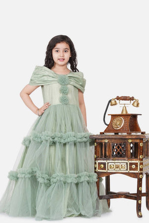 Girl's Green Frill Work Silk Dress