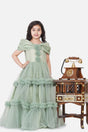 Girl's Green Frill Work Silk Dress