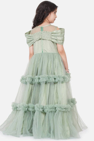 Girl's Green Frill Work Silk Dress