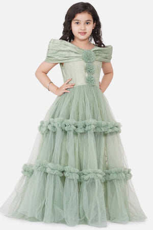 Girl's Green Frill Work Silk Dress