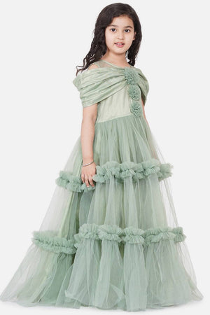 Girl's Green Frill Work Silk Dress