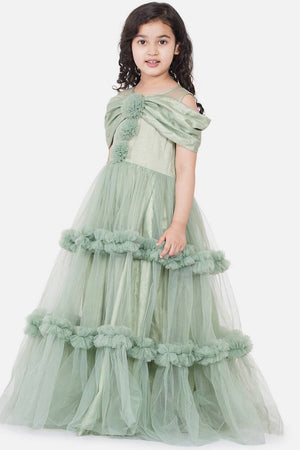 Girl's Green Frill Work Silk Dress