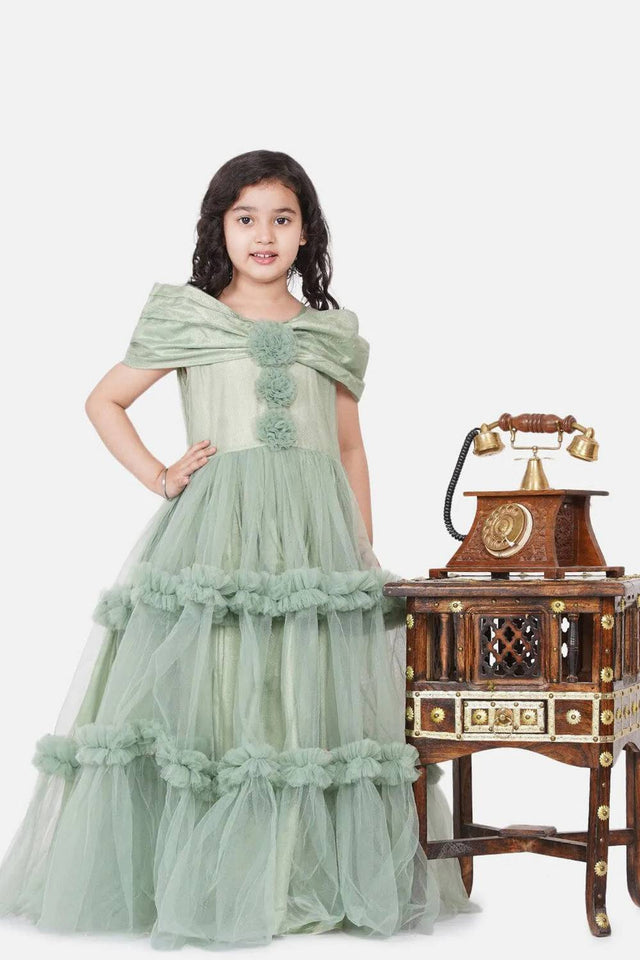 Girl's Green Frill Work Silk Dress