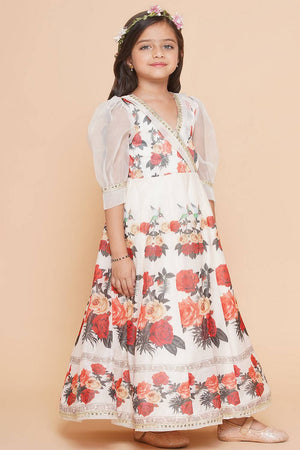Girl's White Floral Printed Crepe Dress