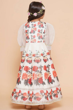 Girl's White Floral Printed Crepe Dress