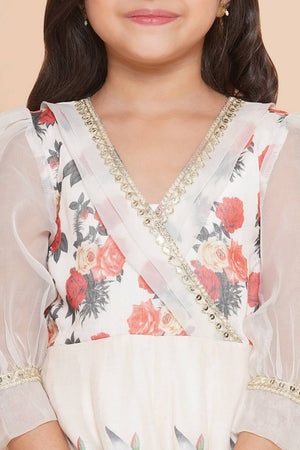 Girl's White Floral Printed Crepe Dress