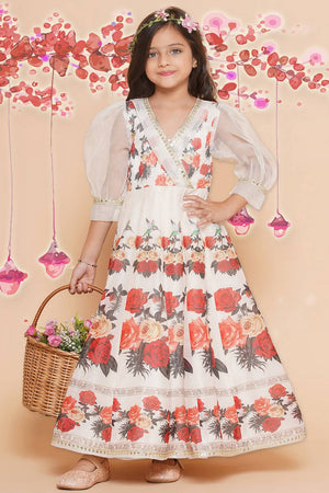 Girl's White Floral Printed Crepe Dress