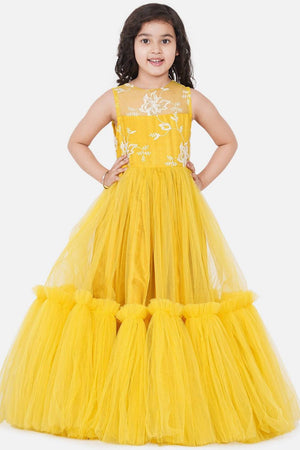 Girl's Yellow Frill Work Silk Dress