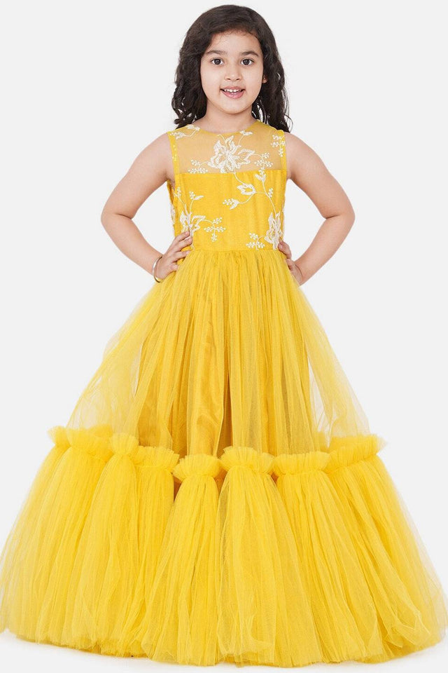 Girl's Yellow Frill Work Silk Dress