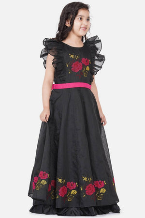 Girl's Black Embroidered Cotton Dress