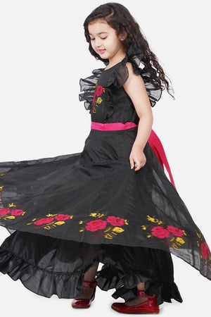 Girl's Black Embroidered Cotton Dress
