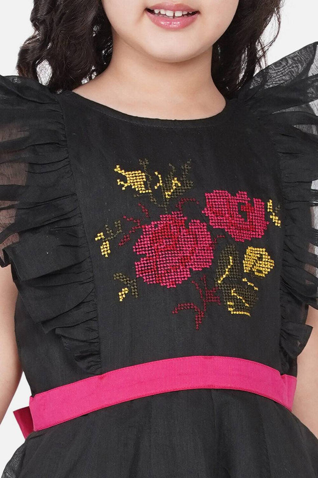 Girl's Black Embroidered Cotton Dress