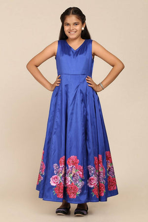 Girl's Blue Floral Printed Silk Gown