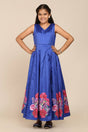 Girl's Blue Floral Printed Silk Gown