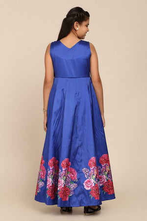 Girl's Blue Floral Printed Silk Gown