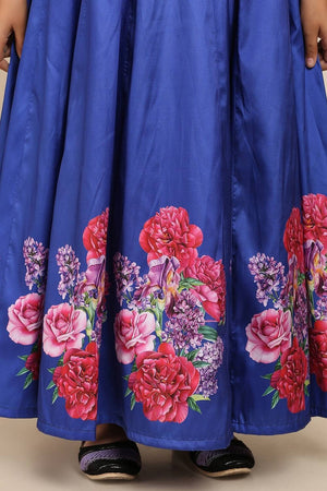 Girl's Blue Floral Printed Silk Gown