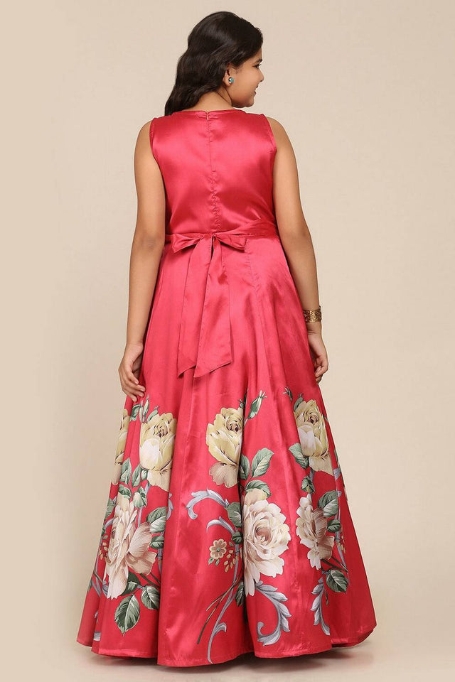 Girl's Pink Floral Printed Silk Dress