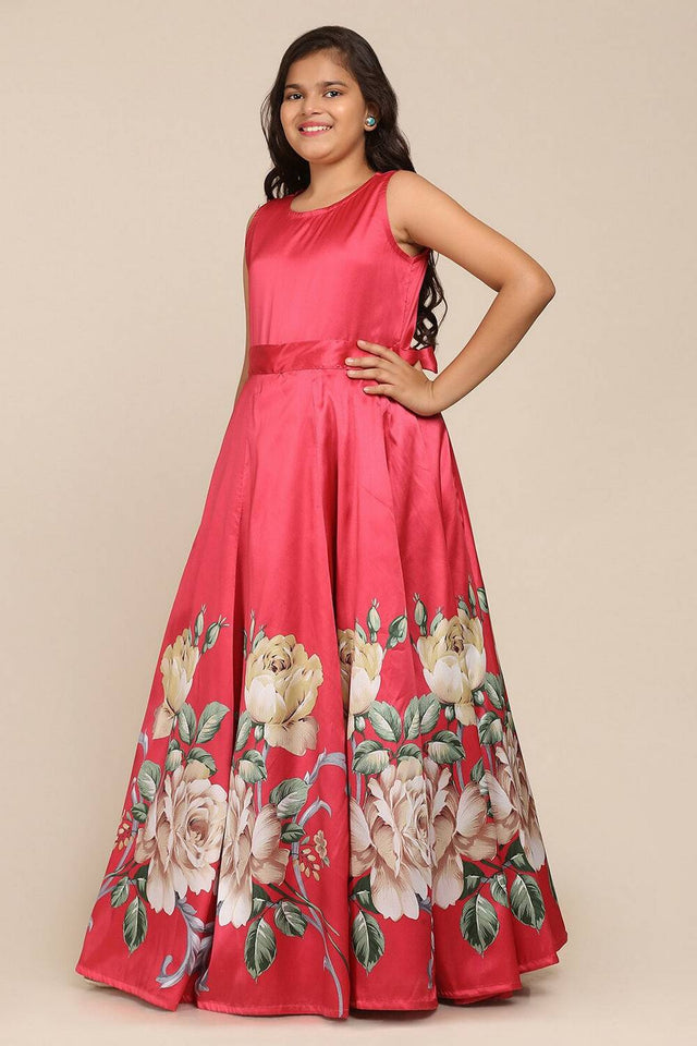 Girl's Pink Floral Printed Silk Dress
