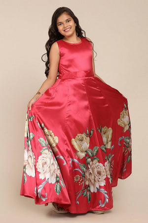 Girl's Pink Floral Printed Silk Dress