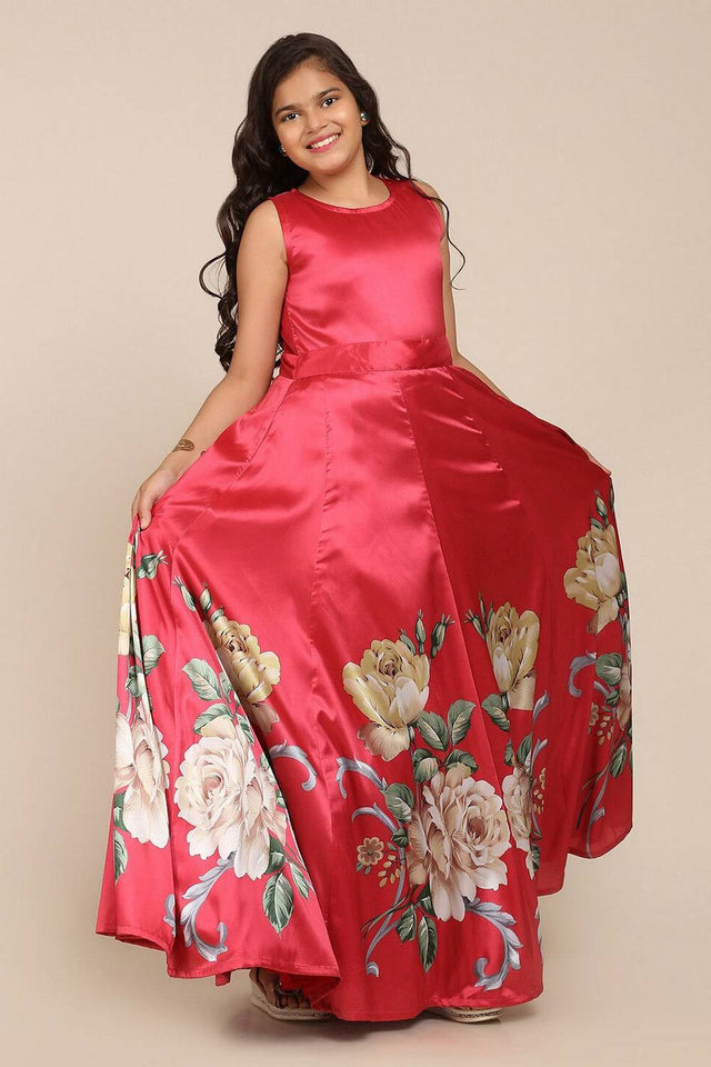 Girl's Pink Floral Printed Silk Dress