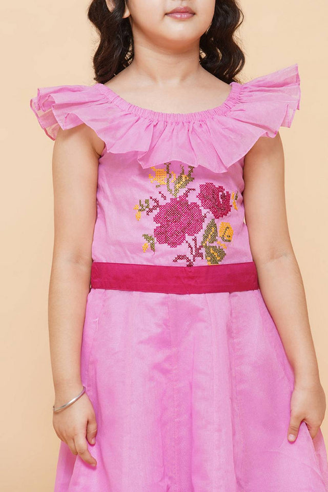 Girl's Pink Embroidered Cotton Dress