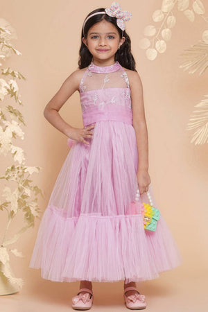 Girl's Pink Embroidered Polyester Gown