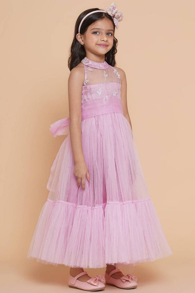 Girl's Pink Embroidered Polyester Gown