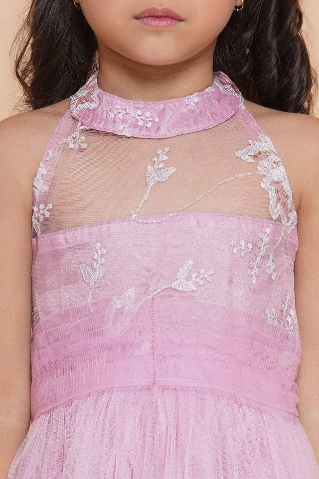 Girl's Pink Embroidered Polyester Gown