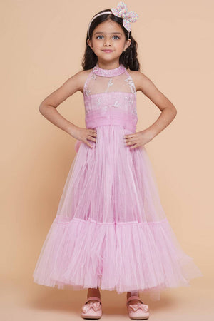 Girl's Pink Embroidered Polyester Gown