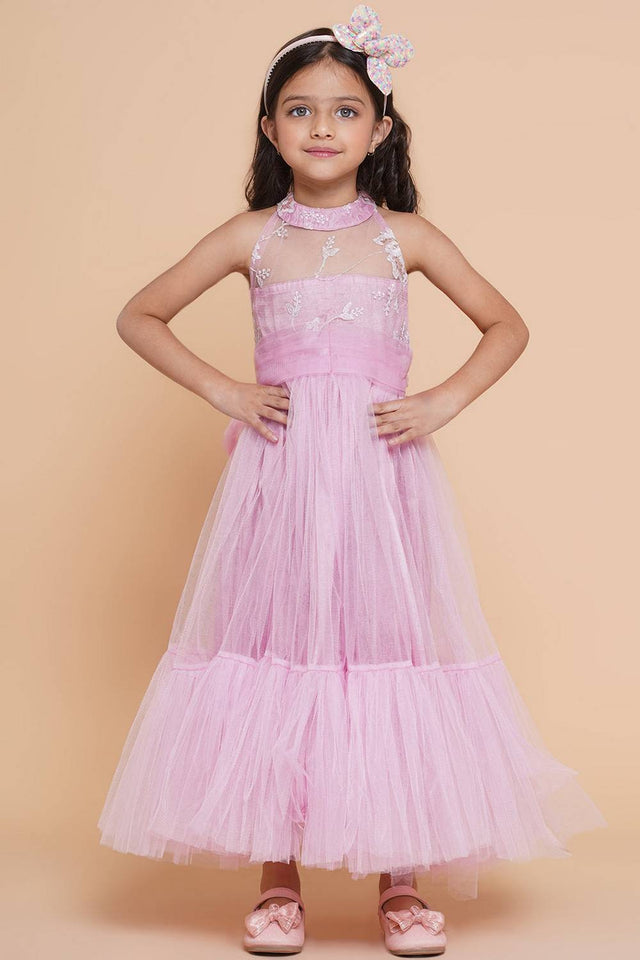 Girl's Pink Embroidered Polyester Gown