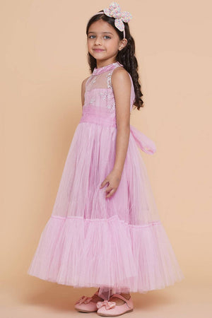 Girl's Pink Embroidered Polyester Gown