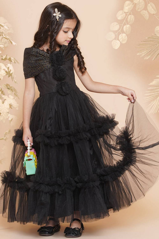 Girl's Black Emblished Flared Polyester Flared Dress