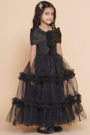 Girl's Black Emblished Flared Polyester Flared Dress