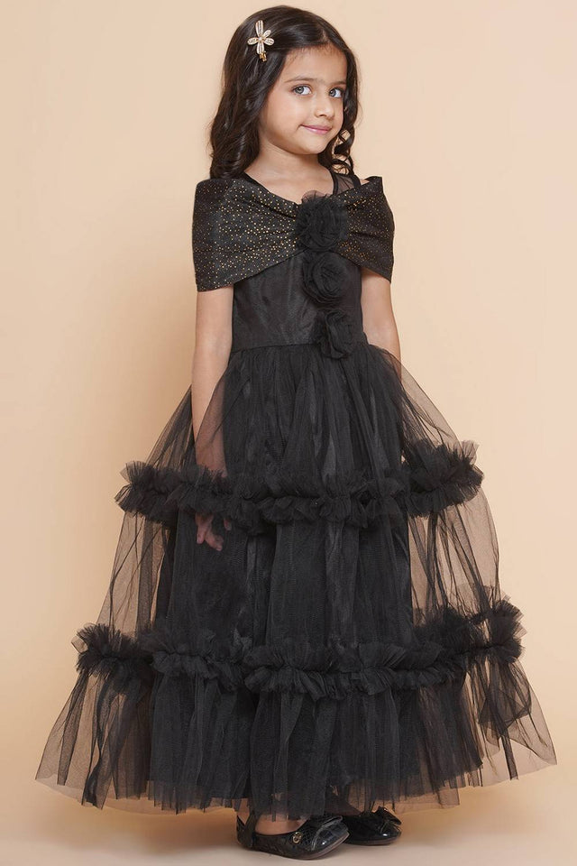 Girl's Black Emblished Flared Polyester Flared Dress