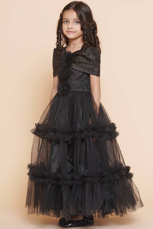 Girl's Black Emblished Flared Polyester Flared Dress