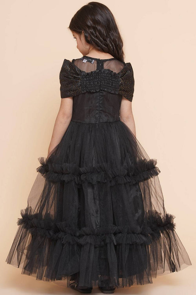 Girl's Black Emblished Flared Polyester Flared Dress