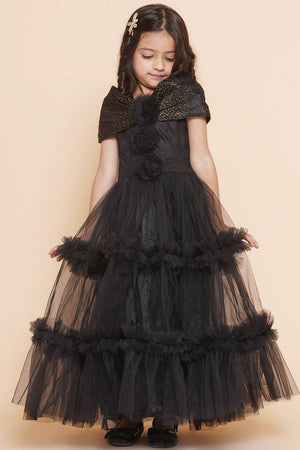 Girl's Black Emblished Flared Polyester Flared Dress