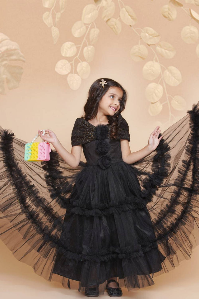 Girl's Black Emblished Flared Polyester Flared Dress