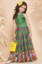 Girl's Green Zig Zag Flower Digital Printed Silk Dress
