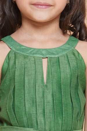 Girl's Green Zig Zag Flower Digital Printed Silk Dress